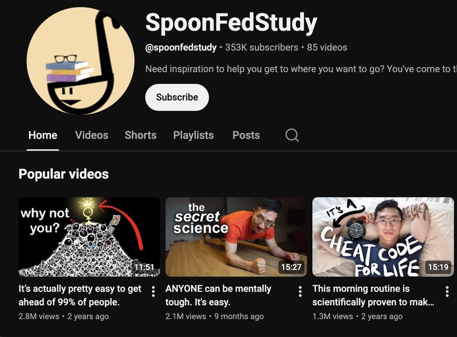 The SpoonFedStudy channel page with 353,000 subscribers and multi-million-view videos